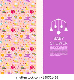 Template for baby shower card or kids shop advertisement with seamless pattern, logo, images of different toys. 