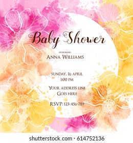 Template for baby shower invitation. design with watercolor imitation splashes and abstract flowers.