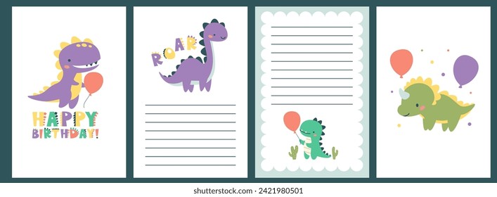Template for baby showers. Cute funny dinosaurs, Lettering Happy Birthday and Roar. Set of vector greeting card templates 