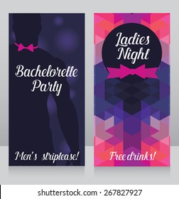 Template for bachelor party invitation, cards for night club with sexy man's silhouette, vector illustration 