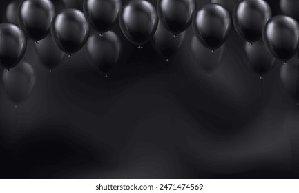 Template of background with 3d black realistic balloons and empty space for greeting text or invitation. Festive wallpaper or banner with glossy helium balloons for Birthday party, celebration theme