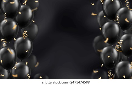 Template of background with 3d black realistic balloons with golden confetti or ribbons frame and empty space for greeting text or invitation. Luxury wallpaper or banner for Birthday party celebration