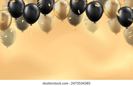 Template of background with 3d black realistic balloons with golden confetti or ribbons frame and empty space for greeting text or invitation. Luxury wallpaper or banner for Birthday party celebration