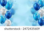 Template of background with 3d blue and white realistic balloons with confetti ribbons frame and empty space for greeting text or invitation. Cyan wallpaper for celebration, sale, opening, holiday