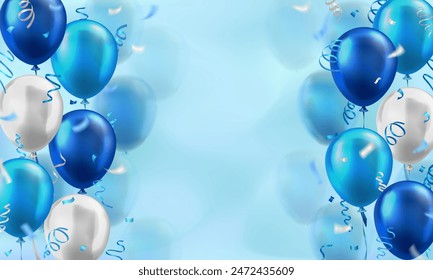 Template of background with 3d blue and white realistic balloons with confetti ribbons frame and empty space for greeting text or invitation. Cyan wallpaper for celebration, sale, opening, holiday