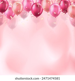 Template of background with 3d colorful pink realistic balloons with confetti ribbons frame and empty space for greeting text or invitation. Banner for celebration, sale, opening, wedding, holiday, 