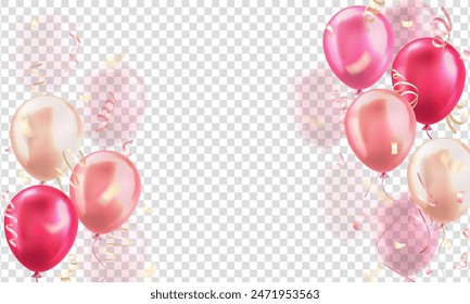 Plantilla de fondo con globos realistas de color rosa 3d con marco de cintas de confeti aislado sobre fondo transparente. Anuncio de invitación para la celebración, venta, apertura, boda, fiesta, 