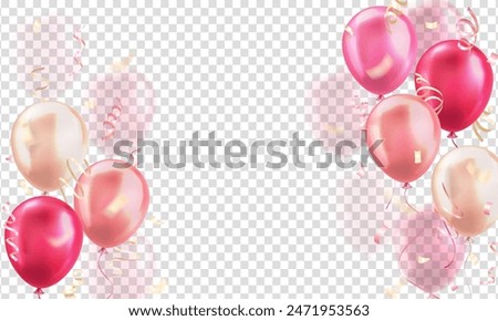 Template of background with 3d colorful pink realistic balloons with confetti ribbons frame isolated on transparent background. Invitation banner for celebration, sale, opening, wedding, holiday, 