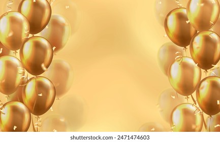 Template of background with 3d golden realistic balloons with confetti or ribbons frame and empty space for greeting text or invitation. Luxury wallpaper or banner for Birthday party celebration