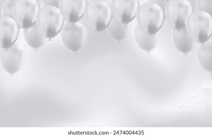Template of background with 3d white realistic balloons and empty space for greeting text or invitation. Festive wallpaper or banner with glossy helium balloons for Birthday party, celebration theme