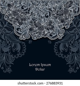 Template background with abstract doodle flowers  lace in dark blue colors  or for decorate packet or for advertising different thing 