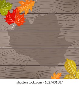 Fondo de plantilla con hoja de otoño y textura de madera. Banner vector de caída. Estilo moderno y plano. Ilustración de tarjeta, volante, afiche 