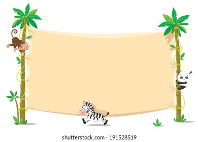 Template background with banner on two high palm tree and small funny monkey, panda and zebra. Children vector illustration