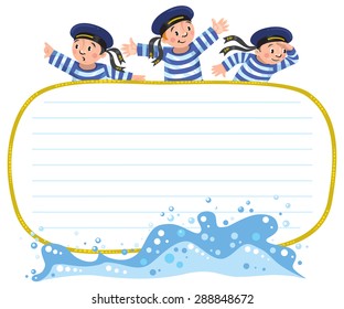 Template background with banner in the shape of a rope and team of Jolly boys-sailors in vests and sailor hats