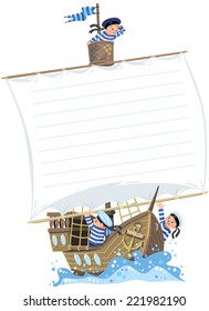 Template background with banner in the shape of a sail of a wooden sailboat with a team of Jolly boys-sailors in vests and sailor hats