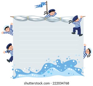 Template background with banner in the shape of a sail with a team of Jolly boys-sailors in vests and sailor hats