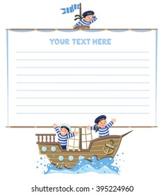 Template background with banner in the shape of a sail with a team of Jolly boys-sailors in vests and sailor hats on a sailboat. Children vector illustration