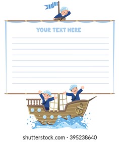 Template background with banner in the shape of a sail with a team of Jolly boys-sailors in vests and sailor hats on a sailboat.