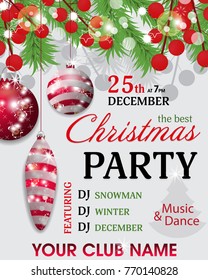 Template background Christmas party invitation with fir branches and holly berry and red baubles. Vector illustration.
