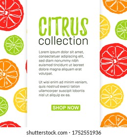 Template background with citrus collection. Shop Now button. Tropical hand draw pattern with vitamin C. Vector illustration