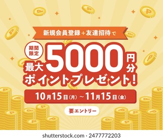 Template for background of coins and points. Japanese is sample text, meaning "5,000 yen point gift".