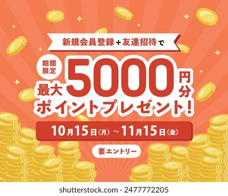 Template for background of coins and points. Japanese is sample text, meaning "5,000 yen point gift".