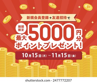 Template for background of coins and points. Japanese is sample text, meaning "5,000 yen point gift".