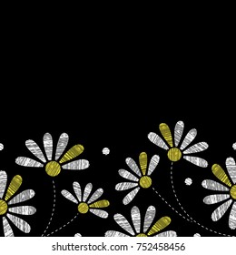 Template background with flowers embroidery for text, banner, card, poster. Embroidery chamomile on black background.

