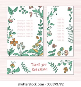 Template. Background with flowers and leaves. Invitation, wallpaper, banner, postcard. Set. sketch