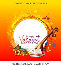 Template background for Happy Vasant Panchami. Indian Hindu Devi Saraswati puja vector illustration.