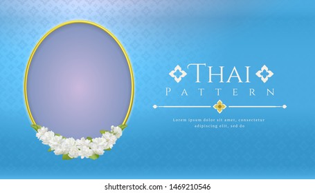 template background for Mother's day thailand with modern line Thai pattern traditional concept and frame beautiful Jasmine flower.