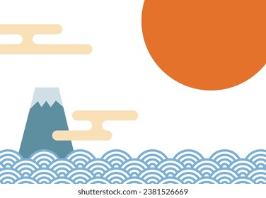 Template background of New Year's card with Fuji, New Year's sunrise and wave pattern.