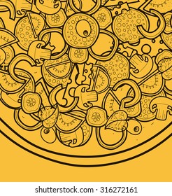 Template background with pizza doodle designs for posters, brochures, menus, flyers. Yellow background. Sketch pizza. Doodle Pizza