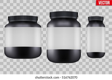 Template Background of Sport Nutrition Container. Plastic Whey Protein and Gainer Supplements. Plastic Jar. Black color. Vector Illustration isolated on transparent background.