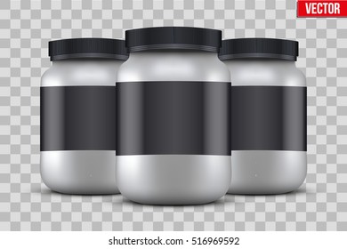 Template Background of Sport Nutrition Container. Plastic Whey Protein and Gainer Supplements. Plastic Jar. Silver color. Vector Illustration isolated on transparent background.