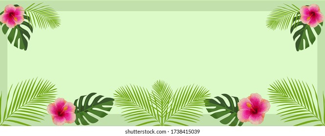 Template Background Tropical Theme with with palm leaf, monstera and hibiscus frame