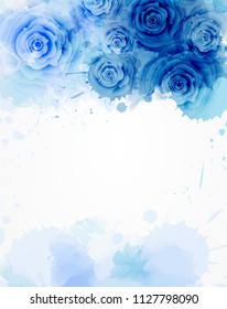 Template background with watercolored abstract floral roses. For wedding, bridal shower, baby shower, birthday card, invitations etc. Blue colored.