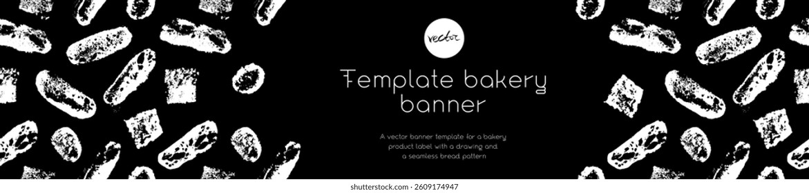 Diseño de Anuncio de panadería de Plantilla con patrón de pan - ornamento de rebanadas de pan marrón de Vector, ilustraciones de baguette blanco - concepto de comida rústica - productos de panadería