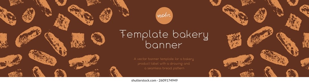 Template bakery banner design with bread pattern - vector brown bread slices ornament, white baguette illustrations - rustic food concept - bakery products label background