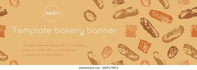 Template bakery banner design with bread pattern - vector brown bread slices ornament, white baguette illustrations - rustic food concept - bakery products label background