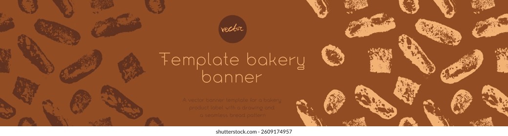Template bakery banner design with bread pattern - vector brown bread slices ornament, white baguette illustrations - rustic food concept - bakery products label background