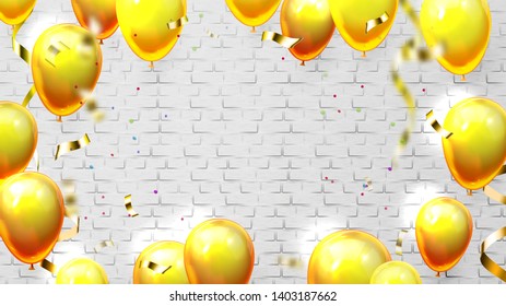 Template With Balloons For Card Invitation Vector. Banner With Golden Balloons And Foil Confetti Isolated On Brick Wall Background Mockup Of Greeting Postcard. Realistic 3d Illustration