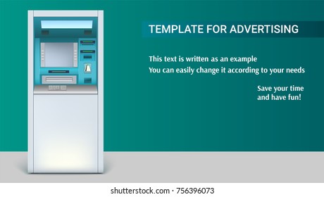 Template with Bank Cash Machine for advertisement on horizontal long backdrop, 3D illustration. ATM - Automated teller machine. Apparatus for withdrawing