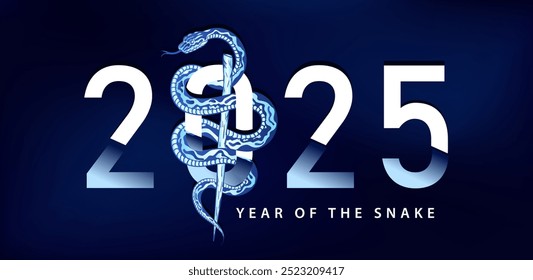Template of banner with 2025 text and hand drawn detailed cyan snake coiled around a stick on dark blue background. Reptile with intricate scaled skin and number for Chinese zodiac's Year of the Snake
