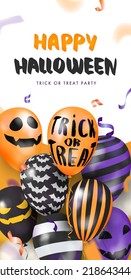 Template banner with 3d balloons with faces. Happy Halloween. Vector Illustration