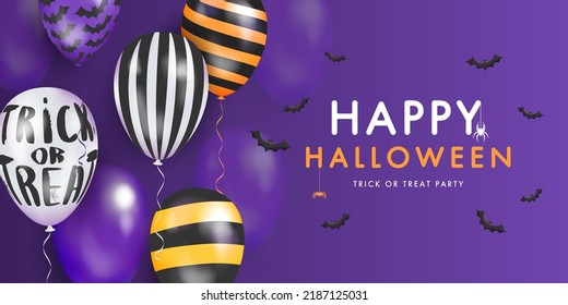 Template banner with 3d balloons with faces. Happy Halloween. Vector Illustration