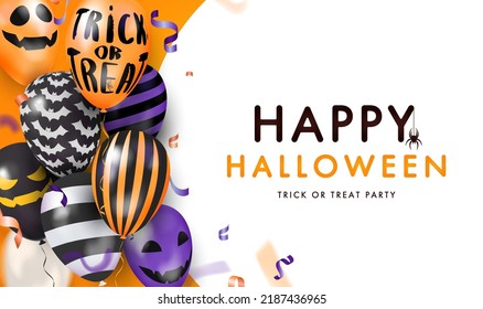 Template banner with 3d balloons with faces. Happy Halloween. Vector Illustration