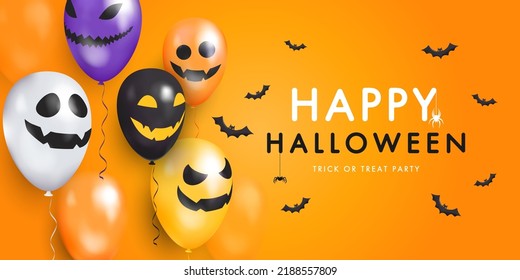 Template banner with 3d balloons with faces. Happy Halloween. Vector Illustration