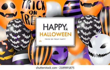 Template banner with 3d balloons with faces. Happy Halloween. Vector Illustration