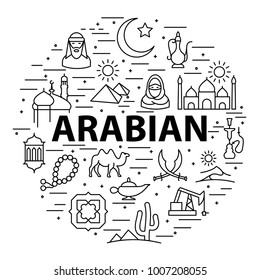 Template banner with Arabiad icons. Circle banner with Arabic linear elements on white background. Flat line style travel banner. Vector illustration.